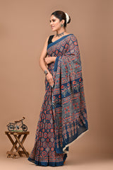Jaipuri Printed Pure Cotton Mulmul Saree With Blouse - Mj Creation