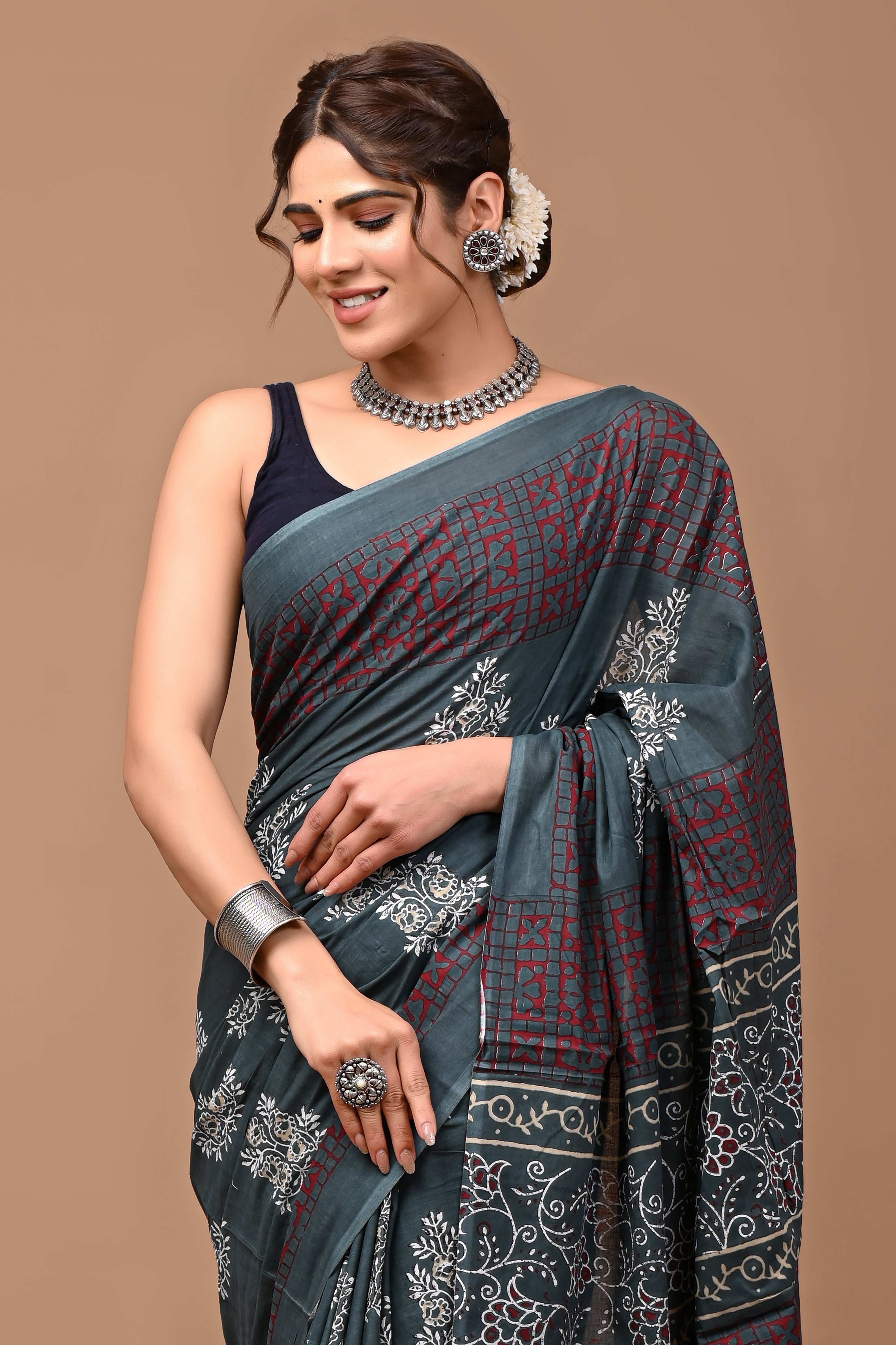 Jaipuri Printed Pure Cotton Mulmul Saree With Blouse - Mj Creation