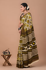 Ajrak Printed Pure Cotton Mulmul Saree With Blouse