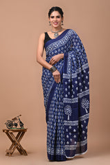 Ajrak Printed Pure Cotton Mulmul Saree With Blouse