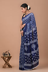 Ajrak Printed Pure Cotton Mulmul Saree With Blouse