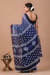 Ajrak Printed Pure Cotton Mulmul Saree With Blouse