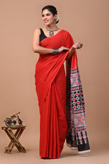 Pure Cotton Ajrak Mulmul Saree with Blouse - Traditional & Stylish