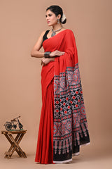 Pure Cotton Ajrak Mulmul Saree with Blouse - Traditional & Stylish