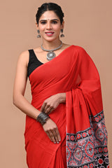 Pure Cotton Ajrak Mulmul Saree with Blouse - Traditional & Stylish