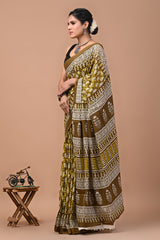 Ajrak Printed Pure Cotton Mulmul Saree With Blouse