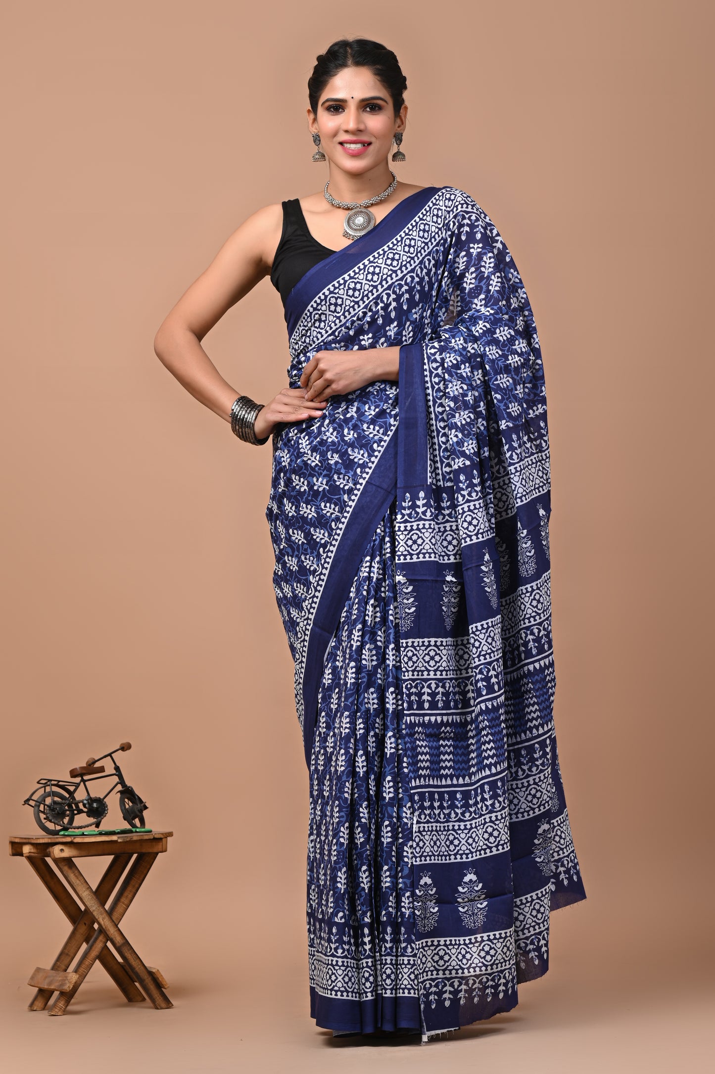 Ajrak Printed Pure Mulmul Cotton Saree with Blouse - Timeless Elegance