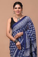 Ajrak Printed Pure Mulmul Cotton Saree with Blouse - Timeless Elegance