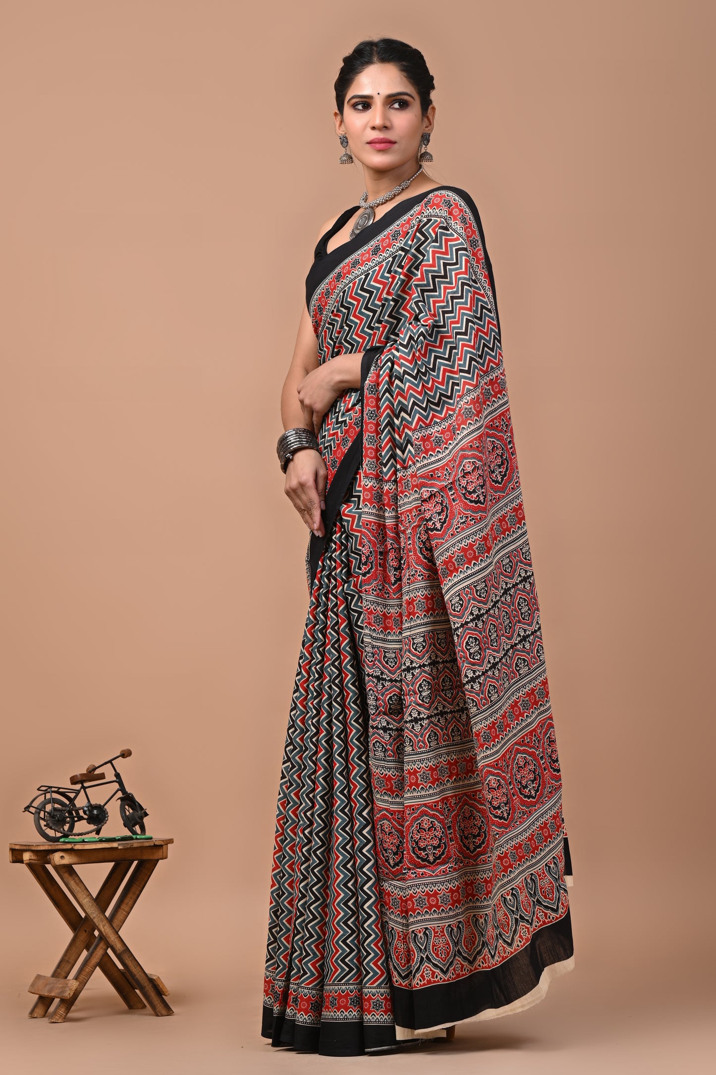Ajrak Printed Pure Cotton Mulmul Saree With Blouse