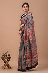 Ajrak Printed Pure Cotton Mulmul Saree With Blouse