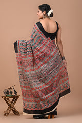 Ajrak Printed Pure Cotton Mulmul Saree With Blouse