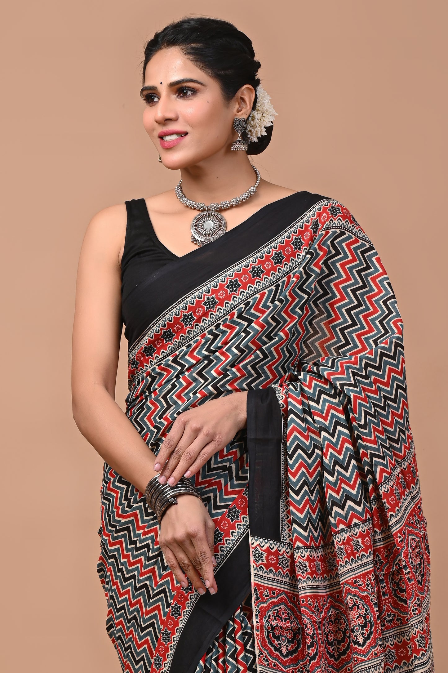 Ajrak Printed Pure Cotton Mulmul Saree With Blouse