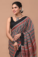 Ajrak Printed Pure Cotton Mulmul Saree With Blouse