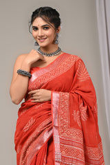 Block Printed Cotton Linen Saree With Unstiched Blouse - Mj Creation