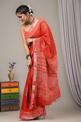 Block Printed Cotton Linen Saree With Unstiched Blouse - Mj Creation