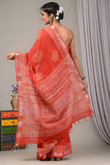 Block Printed Cotton Linen Saree With Unstiched Blouse - Mj Creation