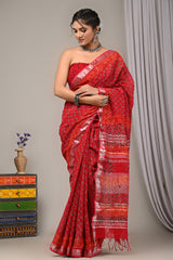 Block Printed Cotton Linen Saree With Unstiched Blouse - Mj Creation