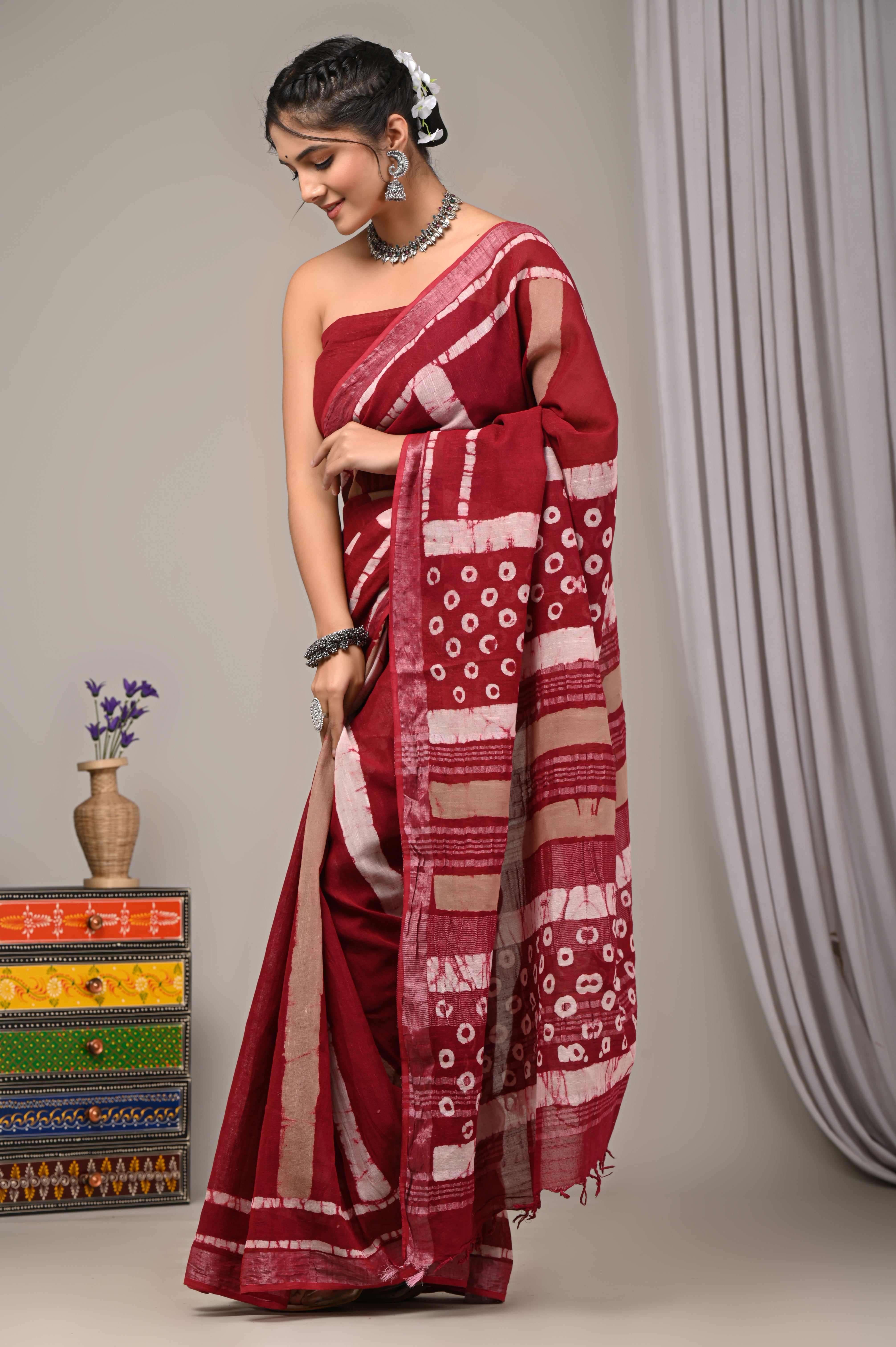Block Printed Cotton Linen Saree With Unstiched Blouse - Mj Creation