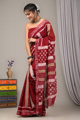 Block Printed Cotton Linen Saree With Unstiched Blouse - Mj Creation
