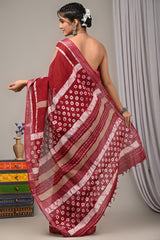 Block Printed Cotton Linen Saree With Unstiched Blouse - Mj Creation