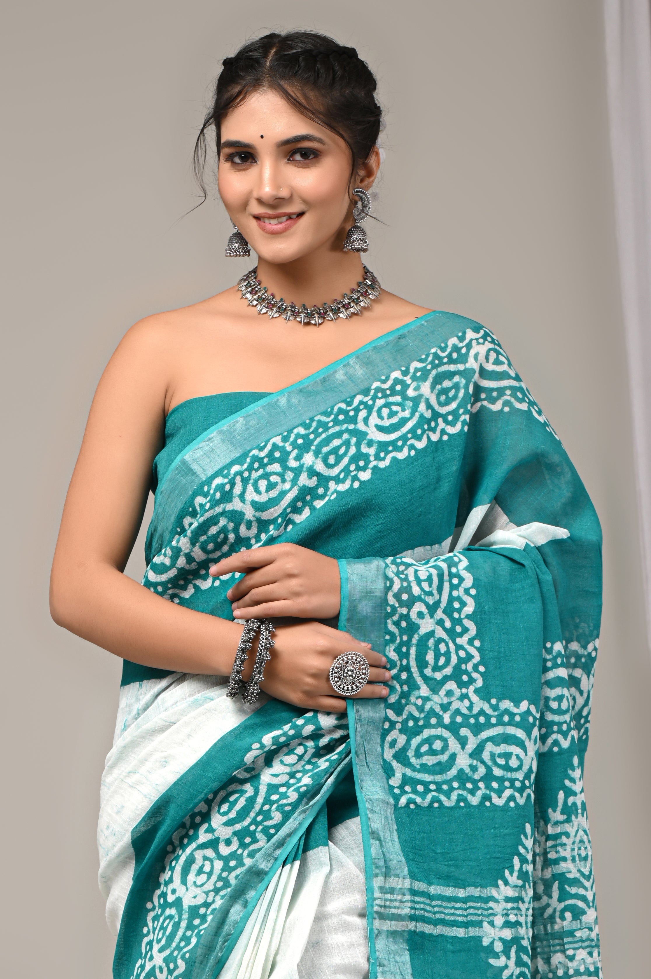 Block Printed Cotton Linen Saree With Unstiched Blouse - Mj Creation