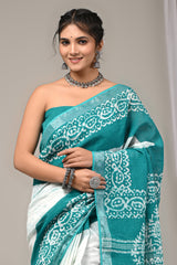 Block Printed Cotton Linen Saree With Unstiched Blouse - Mj Creation