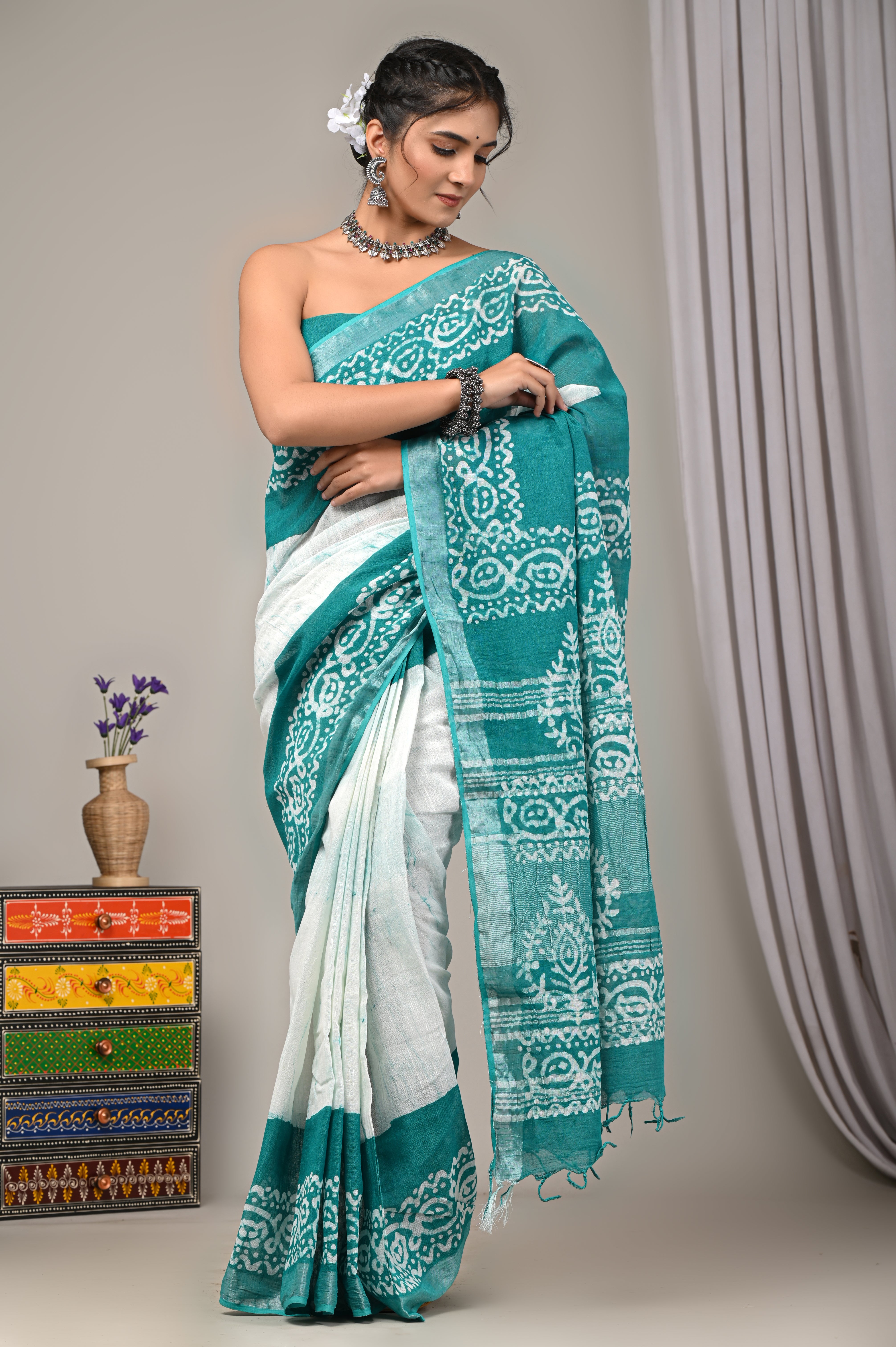 Block Printed Cotton Linen Saree With Unstiched Blouse - Mj Creation