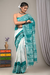 Block Printed Cotton Linen Saree With Unstiched Blouse - Mj Creation