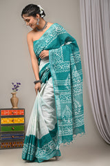 Block Printed Cotton Linen Saree With Unstiched Blouse - Mj Creation