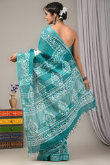 Block Printed Cotton Linen Saree With Unstiched Blouse - Mj Creation