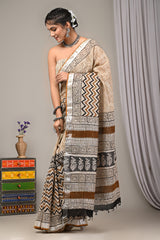 Block Printed Cotton Linen Saree With Unstiched Blouse - Mj Creation