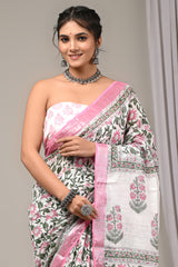Block Printed Cotton Linen Saree With Unstiched Blouse - Mj Creation
