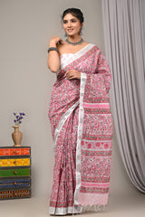 Block Printed Cotton Linen Saree With Unstiched Blouse - Mj Creation