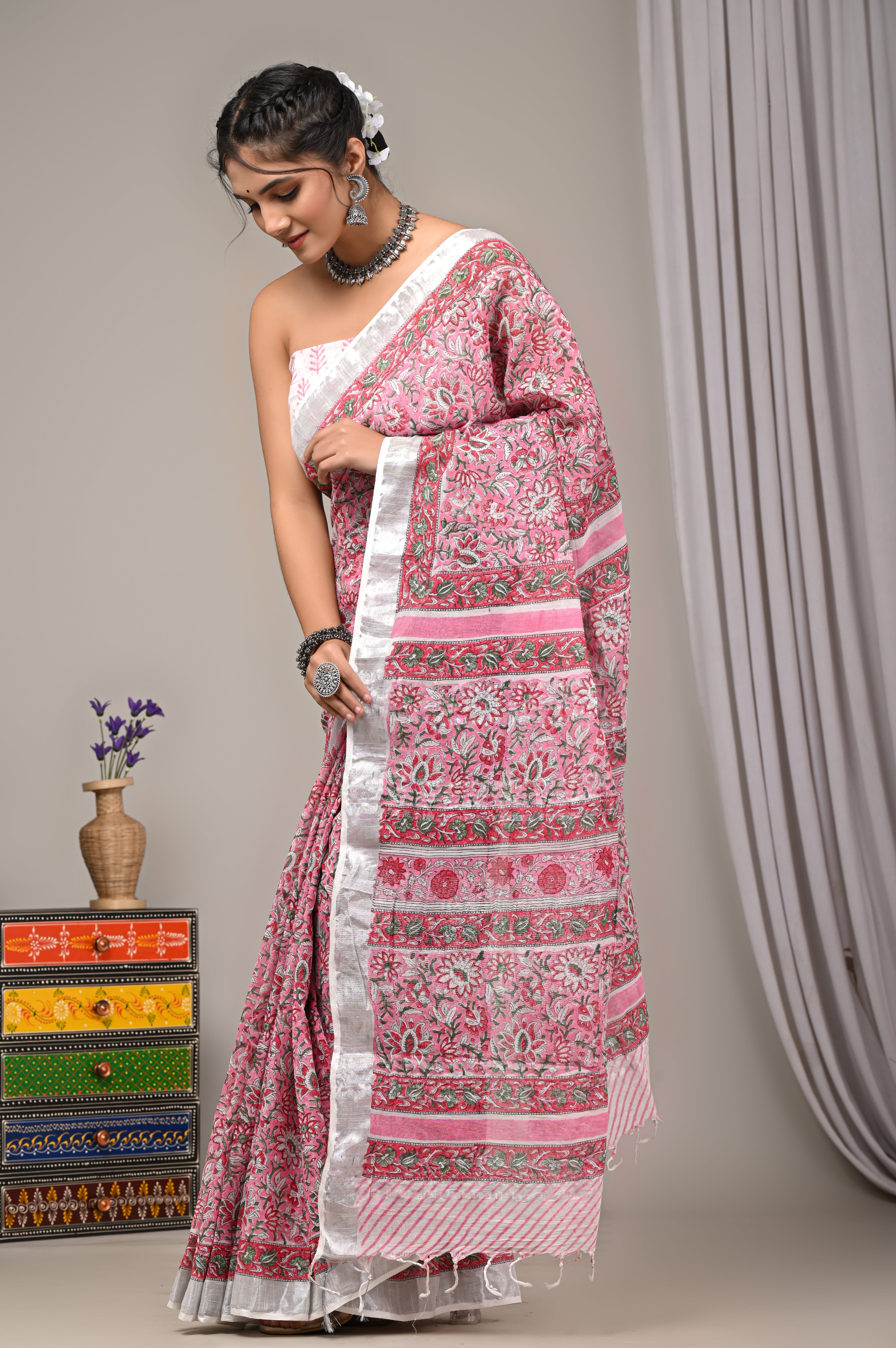 Block Printed Cotton Linen Saree With Unstiched Blouse - Mj Creation