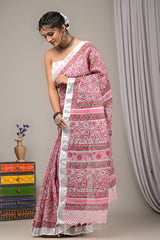 Block Printed Cotton Linen Saree With Unstiched Blouse - Mj Creation