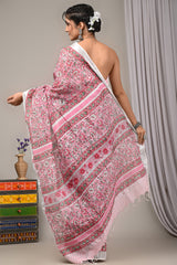Block Printed Cotton Linen Saree With Unstiched Blouse - Mj Creation