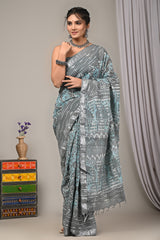 Block Printed Cotton Linen Saree With Unstiched Blouse - Mj Creation