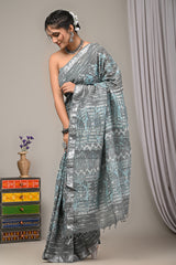 Block Printed Cotton Linen Saree With Unstiched Blouse - Mj Creation