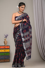 Block Printed Cotton Linen Saree With Unstiched Blouse - Mj Creation