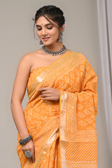 Block Printed Cotton Linen Saree With Unstiched Blouse - Mj Creation