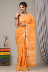 Block Printed Cotton Linen Saree With Unstiched Blouse - Mj Creation