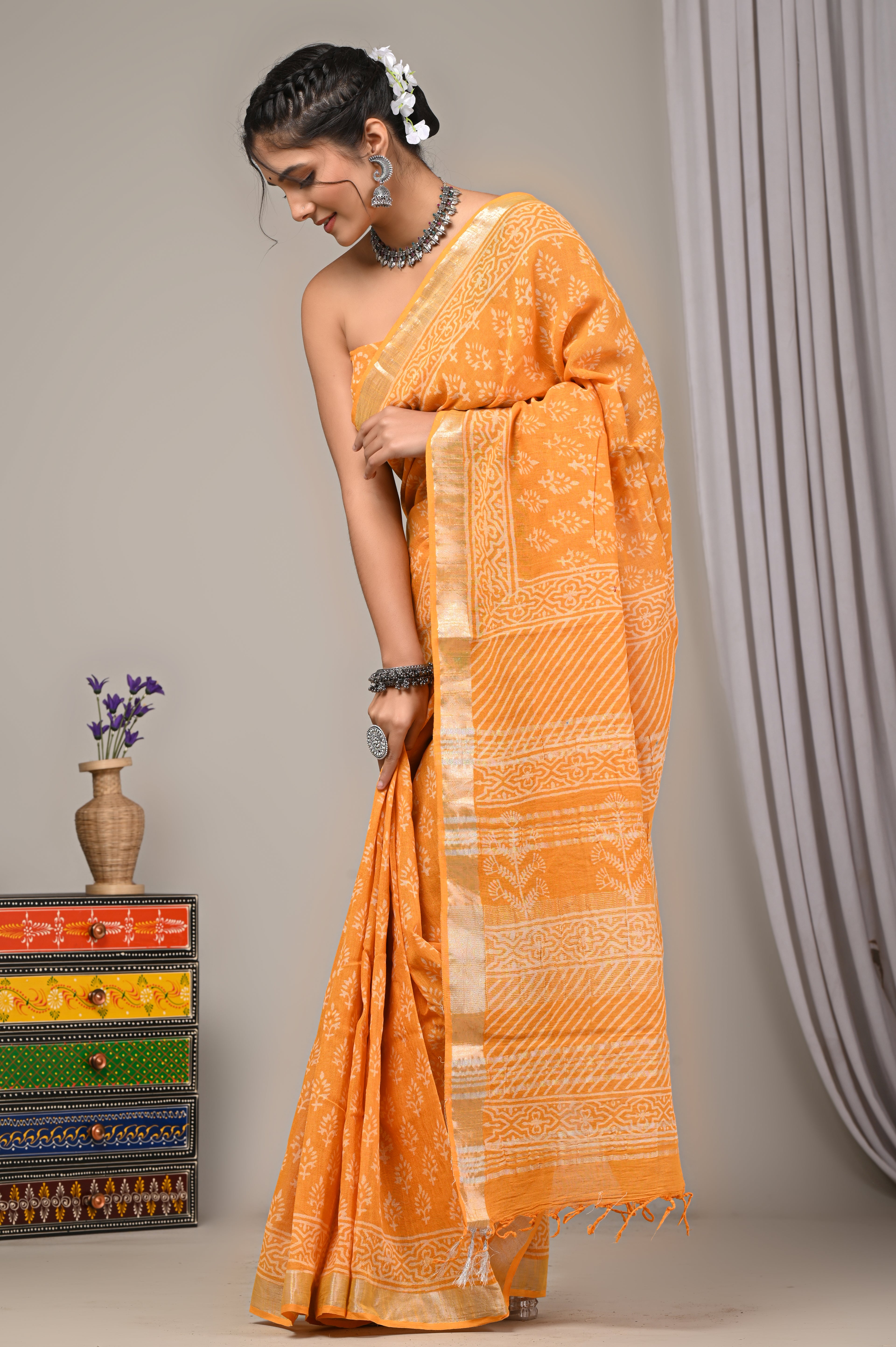 Block Printed Cotton Linen Saree With Unstiched Blouse - Mj Creation