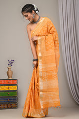 Block Printed Cotton Linen Saree With Unstiched Blouse - Mj Creation