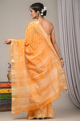 Block Printed Cotton Linen Saree With Unstiched Blouse - Mj Creation