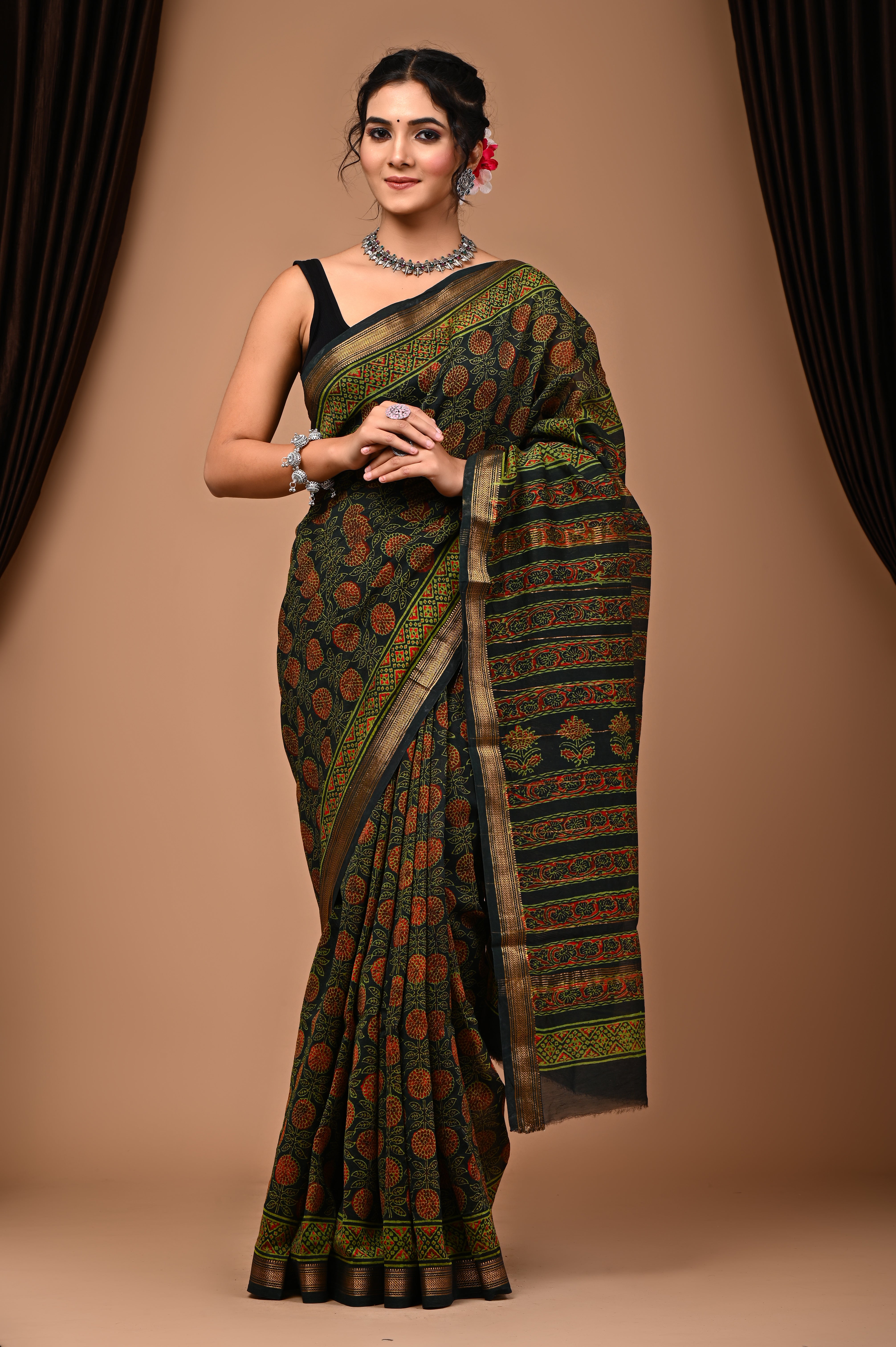 Maheshwari Silk Saree With Unstiched Blouse - Mj Creation
