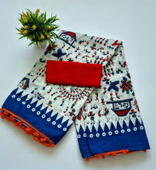 Printed Pure Cotton Mulmul Saree With PomPom Lace - Mj Creation