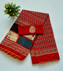 Printed Pure Cotton Mulmul Saree With PomPom Lace - Mj Creation