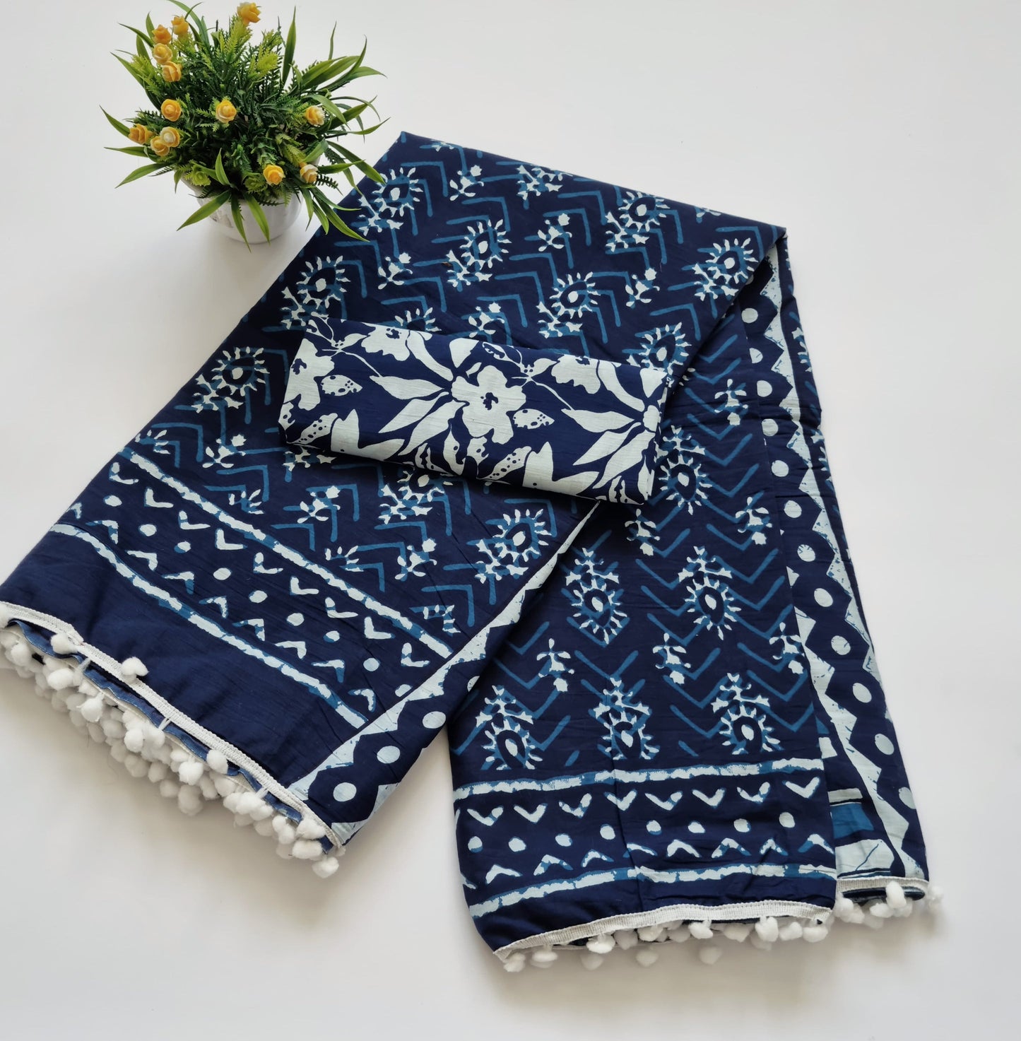 Printed Pure Cotton Mulmul Saree With PomPom Lace - Mj Creation
