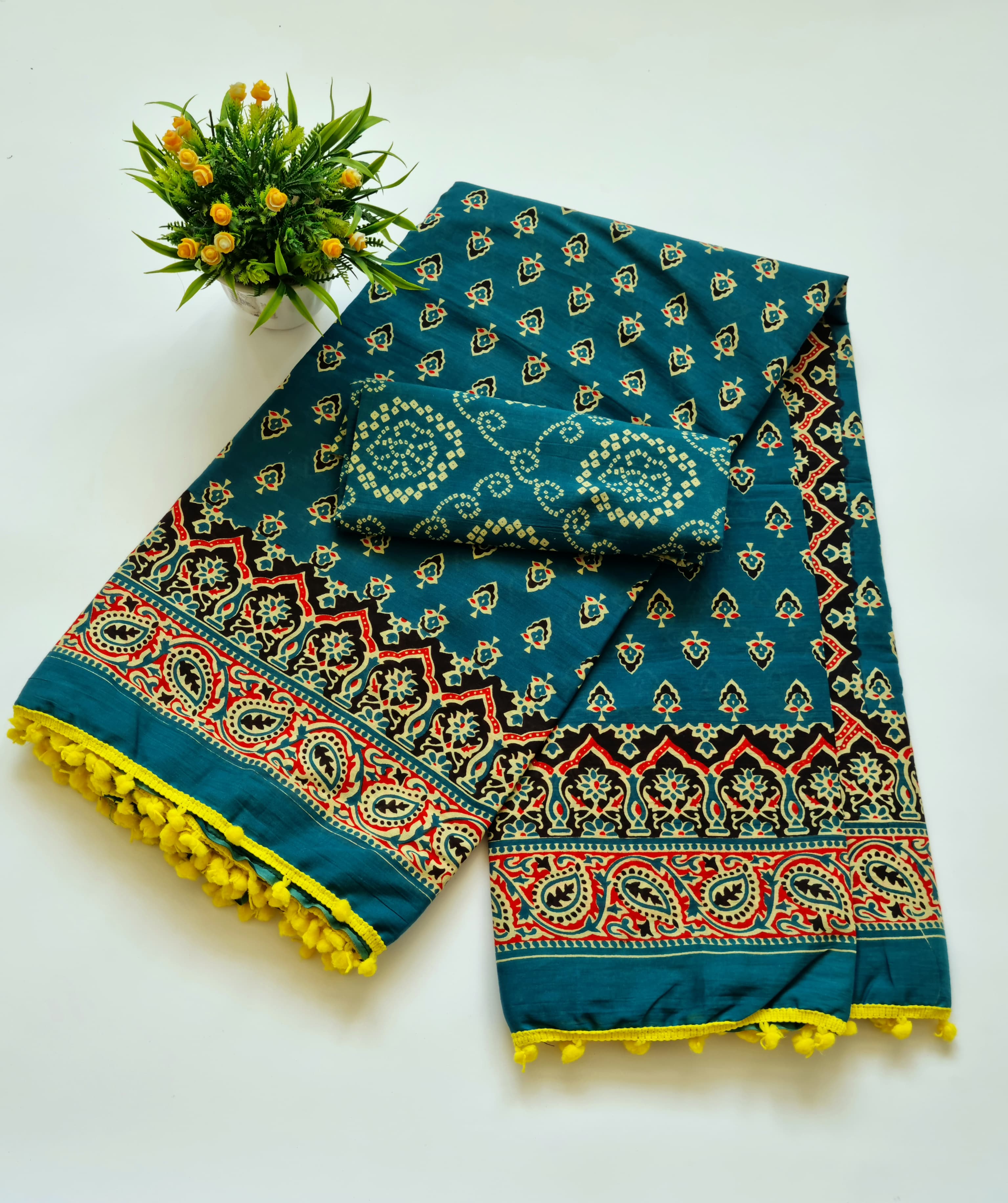 Printed Pure Cotton Mulmul Saree With PomPom Lace - Mj Creation