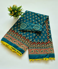 Printed Pure Cotton Mulmul Saree With PomPom Lace - Mj Creation